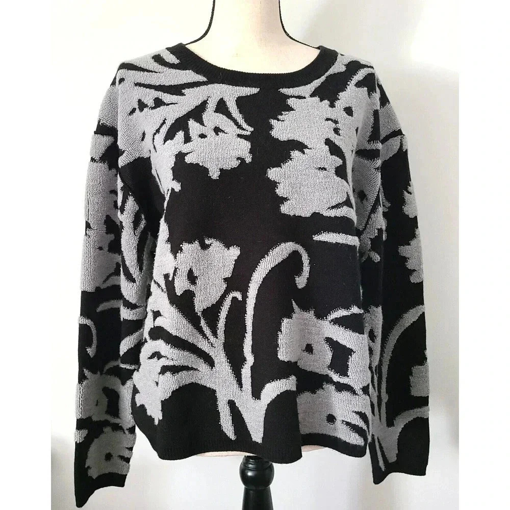 WOMAN'S MAGASCHONI FLORAL WOOL BLEND SWEATER BLACK/GRAY LOOSE FIT SIZE LARGE